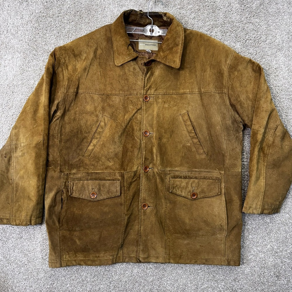 Basic Equipment Jacket Mens XL Barn Coat Brown Suede Leather Button Down FAIR